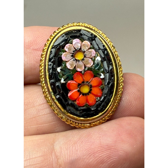 Vintage Oversized Micro Mosaic Gold Tone Adjustable Ring Black Red Orange Floral - Picture 4 of 5